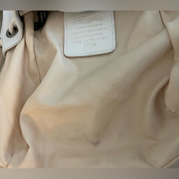 Vintage Fossil White Leather Bucket Purse w/Braided Drawstring & Silver Accents - Picture 7 of 16